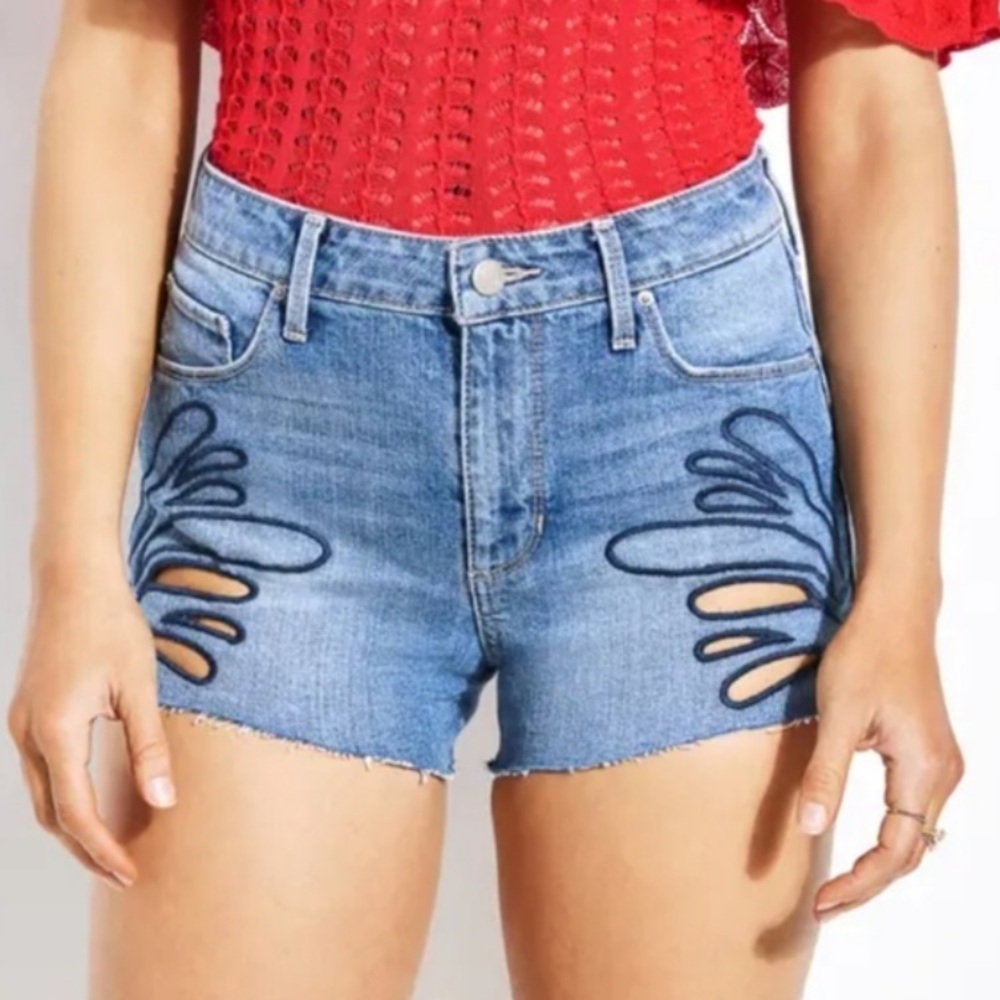 Guess Jean Shorts Embroidered Peek-a-boo Cut out Blue Size 27
